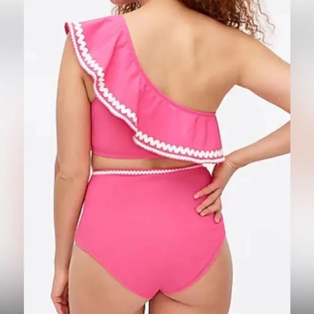 J. Crew Hot Pink One-Shoulder Ruffle Bikini Set - Picture 4 of 4